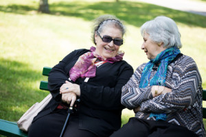 two senior ladies chatting friendly to the park