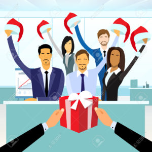 Business People Group Gift Box New Year Christmas Hat Corporate Present Party Holiday Flat Vector Illustration